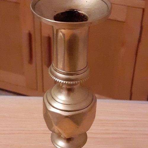 114A - Square Based Bevelled Brass Candlesticks. Good quality and weighty at over 1kg combined. Approx 11 i... 