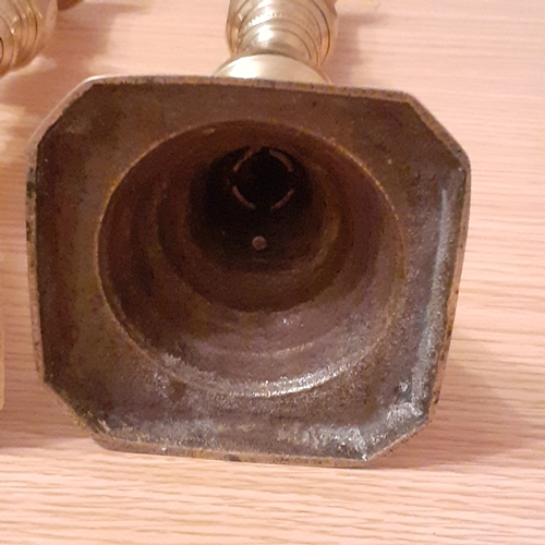 114A - Square Based Bevelled Brass Candlesticks. Good quality and weighty at over 1kg combined. Approx 11 i... 