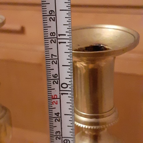 114A - Square Based Bevelled Brass Candlesticks. Good quality and weighty at over 1kg combined. Approx 11 i... 