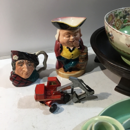 83 - Wooden Fruit Bowl, Mauling Peony Rose Bowl, Pair of Ridgeway Toby Jugs and Die Cast Digger