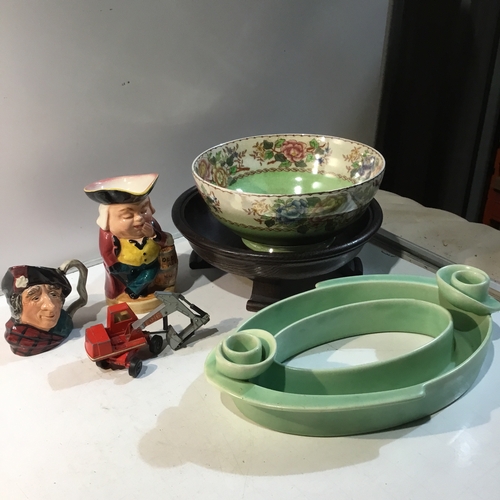 83 - Wooden Fruit Bowl, Mauling Peony Rose Bowl, Pair of Ridgeway Toby Jugs and Die Cast Digger