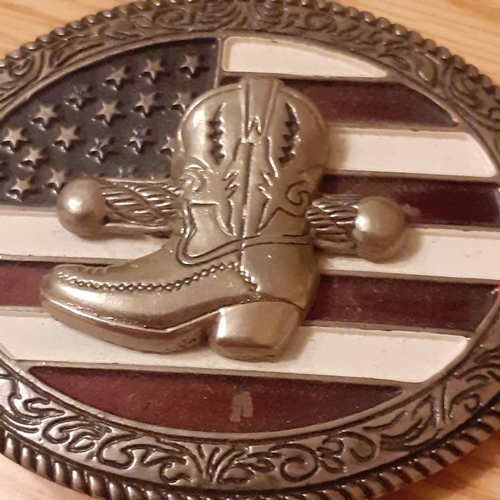 446 - Cowboy Boot On American Flag,  Metal Belt Buckle. Very good, clean condition.