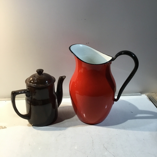 172 - Large red & white enamel Polish jug & brown ceramic coffee pot