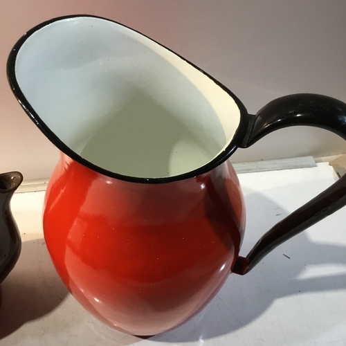 172 - Large red & white enamel Polish jug & brown ceramic coffee pot