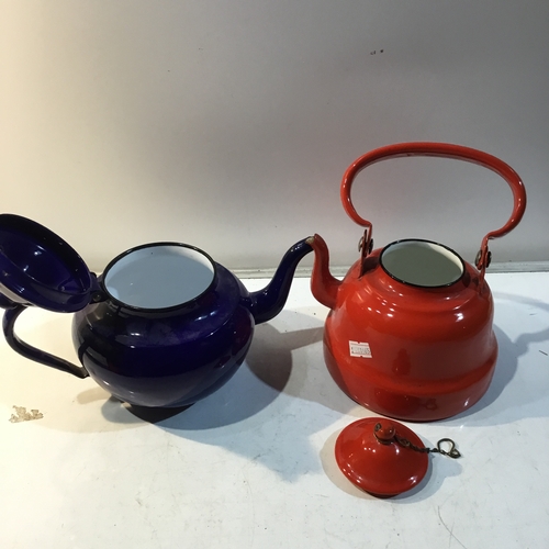 188 - Enamel Yugoslavian red and blue teapots