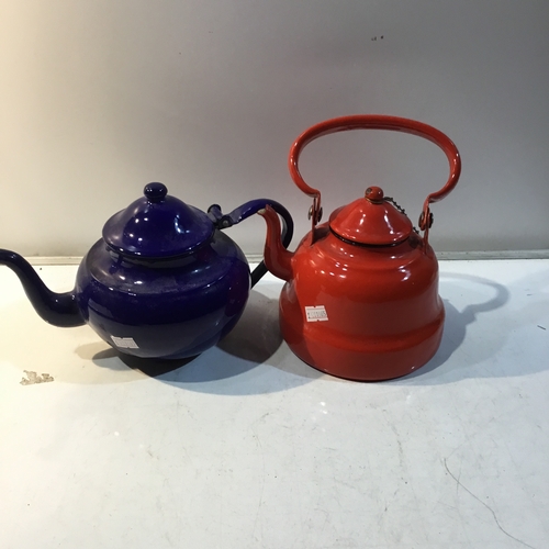 188 - Enamel Yugoslavian red and blue teapots