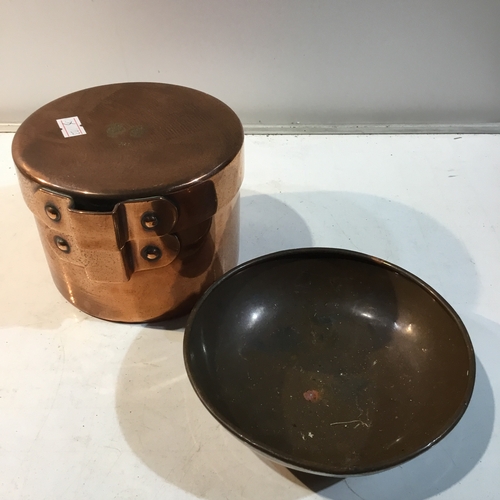 190 - Heavy copper lidded pot stamped in Russian 1882 & small copper dish