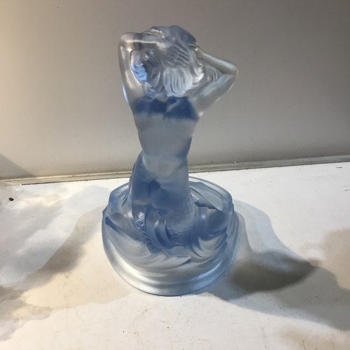 195 - 1920s/30s Blue glass Mermaid dish H23.5cm W14.5 D18.5 (chips to rim edge)