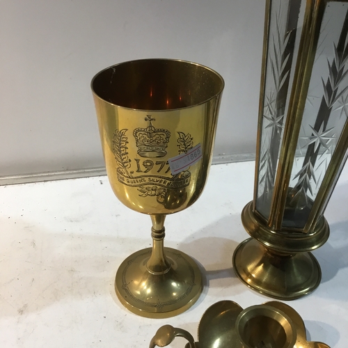 204 - Brass goblet, wee willie winkie & brass lantern style candle holder