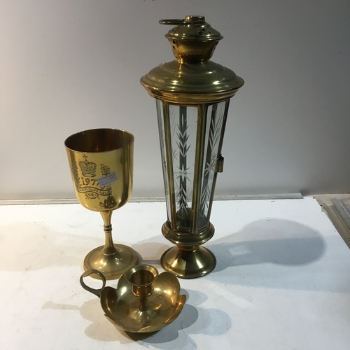 204 - Brass goblet, wee willie winkie & brass lantern style candle holder