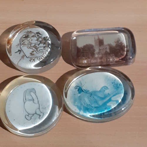 142A - 4 flat glass paperweights. Winnie the Pooh, Church, Wild bird and an embroidered one. No damage.