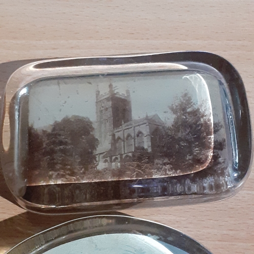 142A - 4 flat glass paperweights. Winnie the Pooh, Church, Wild bird and an embroidered one. No damage.