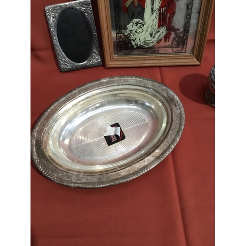 409 - Silver plated ware inc rose dish, photo frame and autumn etched mirror