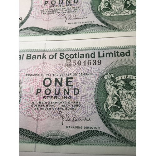 450A - COINS : 2 x Scottish 1 pound notes Consequetive dated 1st May 1980 Both in mint condition