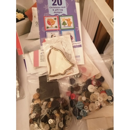 450B - Huge collection of knitting items including needles, zips, embroidery, transfers, knitting bag, lace... 