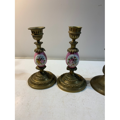 240 - Pair of matching painted brass candle stick holders with one other