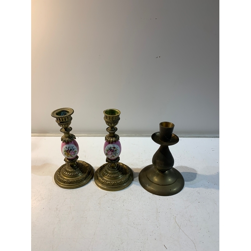 240 - Pair of matching painted brass candle stick holders with one other