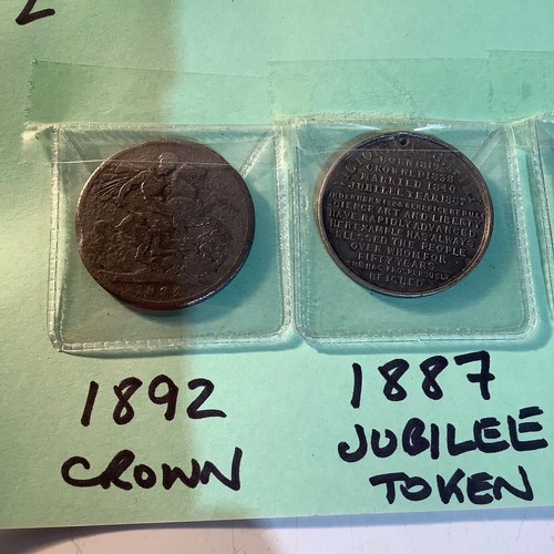 463 - 1892 crown, 1887 jubilee token & 1935 George & Mary token