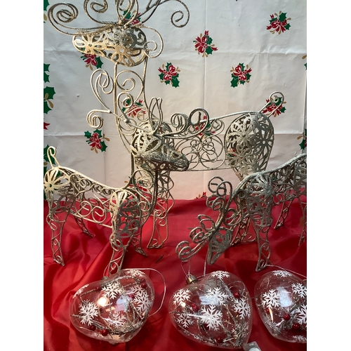 124 - Collection of light up glass hearts plus set of three silver rain deers