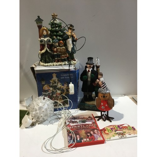 136 - Light up Dickens family Xmas tree, various Christmas bears ornaments, light up ball and more