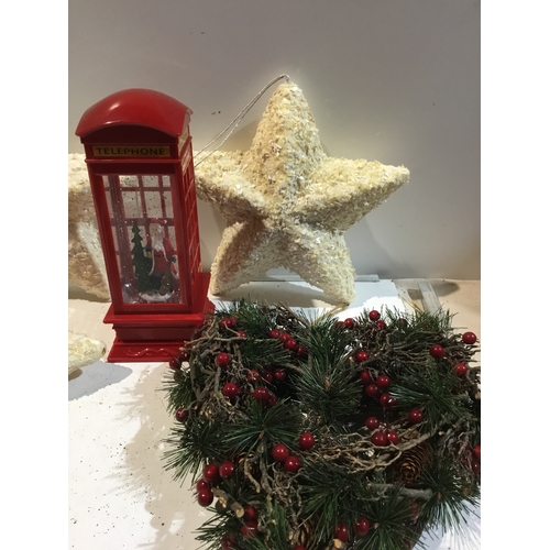 153 - 3 hanging stars, christmas wreath & santa telephone box