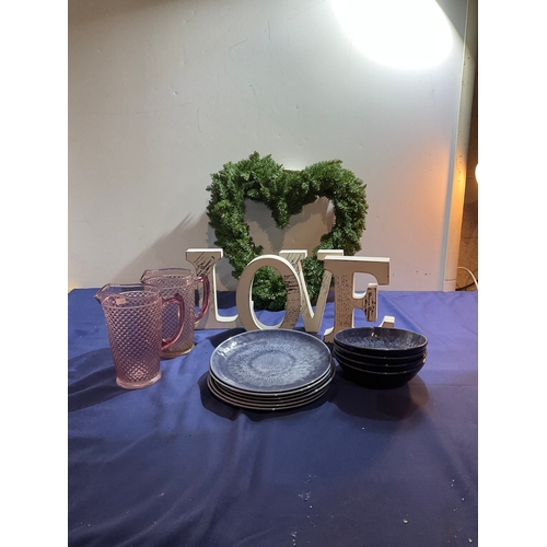 155 - Mixed lot including Love letters green heart shaped wreath jugs plates and bowls