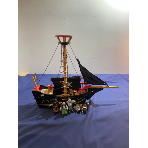 158 - Child’s wooden pirate ship with small wooden figures