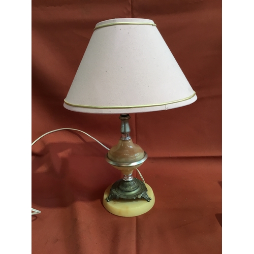 211 - Small bedside lamp with marble/Bakelite effect base etc with pink shade