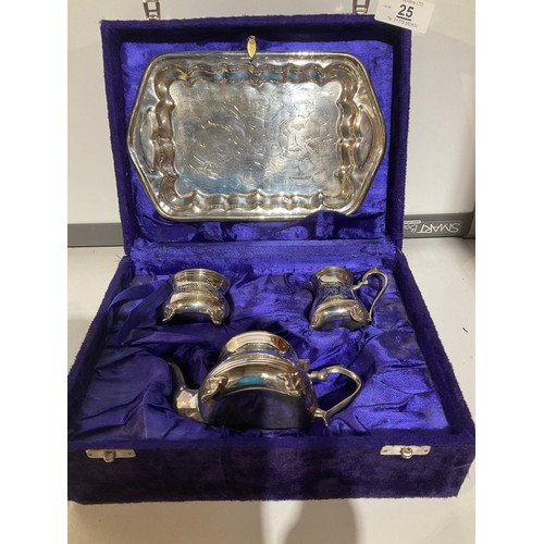 25 - Boxed Silver plate small tea pot , covered sugar bowl and cream jug with small  serving tray