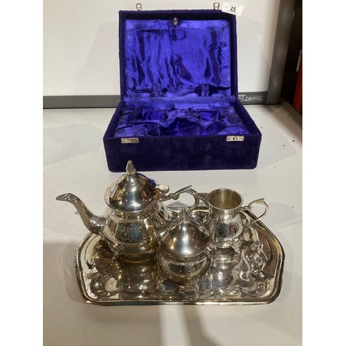 25 - Boxed Silver plate small tea pot , covered sugar bowl and cream jug with small  serving tray