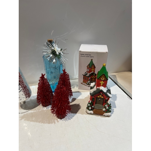 221 - Christmas tree decorations, fairy light bottle and church with lights ornaments