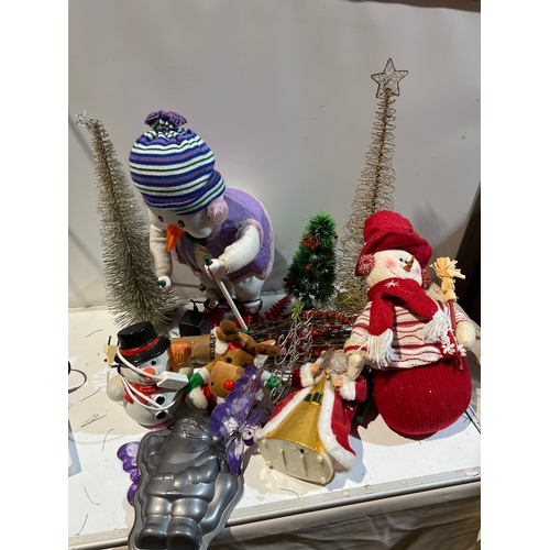 247 - Quantity of Christmas decorations inc skiing snowman, snowman plush, metal trees and more