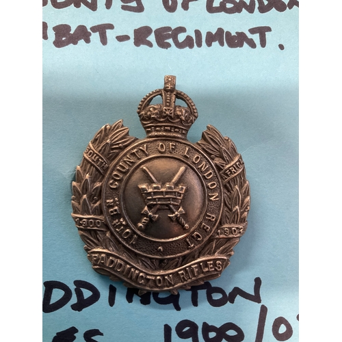 46A - County of London 10th Battalion- Regiment  Paddington Rifles 1900/1902 cap badge