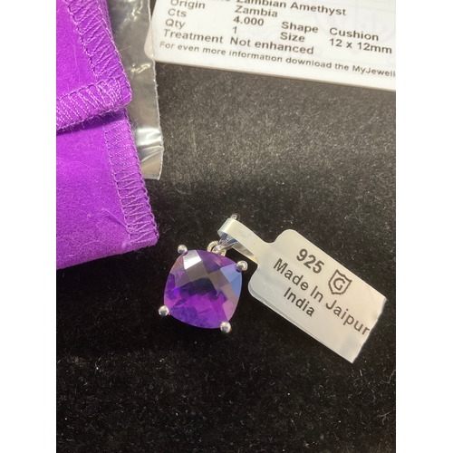 58A - 4ct Zambian Amethyst sterling Silver Pendant weight 3.11g with authenticity certificate