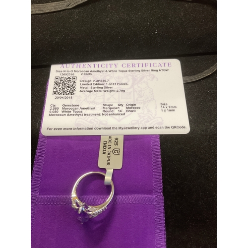 61A - Moroccan Amethyst & white topaz sterling silver ring size N-O weight 2.79g with authenticity certifi... 