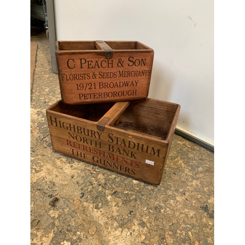 238 - Hand painted wooden crates - C Peach & Son & Highbury Stadium (30cm wide)