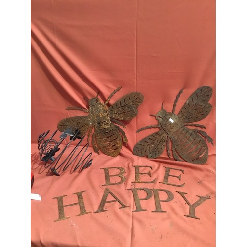 236 - Garden metal signs ‘Bee Happy’ and bee shaped plaques