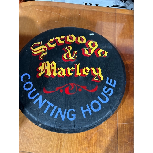 457 - Hand painted Scrooge & Marley wooden sign - 30cm diameter