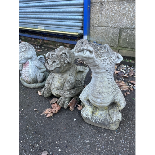 185 - Trio of mythical dragon style concrete garden ornaments