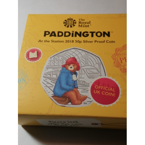 37A - COINS : 2018 Paddington at the station silver proof 50p with coloured details in presentation box