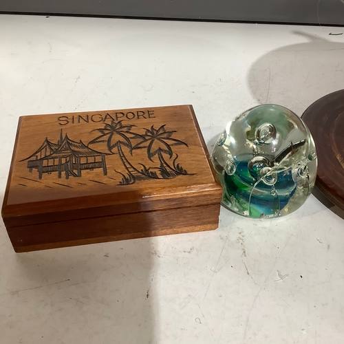 246 - Glass paperweight, Cake stand and Singapore wooden box