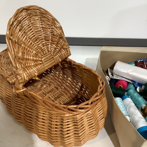 251 - Wicker sewing basket and box of sewing related items