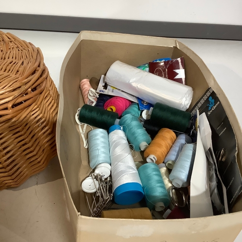 251 - Wicker sewing basket and box of sewing related items