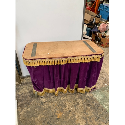 206 - Wooden trolley with purple & gold fabric detail - removed from ex funeral directors