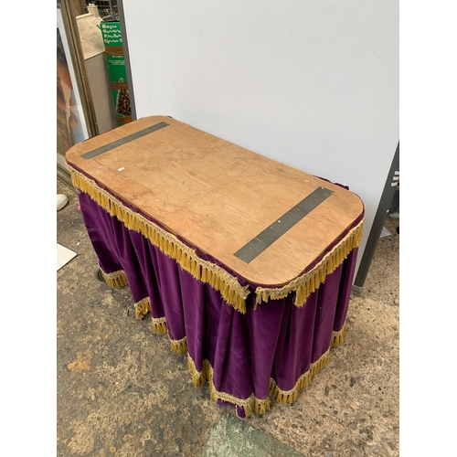 206 - Wooden trolley with purple & gold fabric detail - removed from ex funeral directors