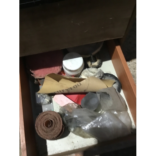 209 - Wooden drawers full of sand paper and other abrasive attachments