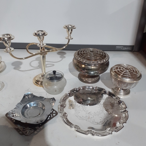 18B - Silver plate lot and other pieces. Includes Ianthe rose bowl, candelabra, trays and more. Nice condi... 