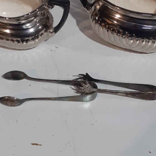 19A - Art Deco Devon Silverine Fieldings coffee set. Jugs x 2 milk and sugar with 2 sets of small tongs. N... 