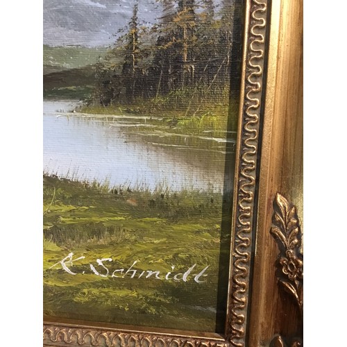 413 - Three Gold Framed Paintings inc Cottave Scene and Mountain View