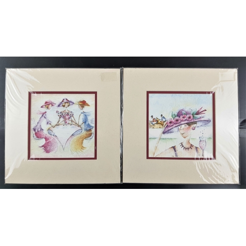 107A - 4 pastel-coloured prints of ‘Ladies Doing Lunch’. In double mounts. Sealed. Size: 28 cm x 28 cm.